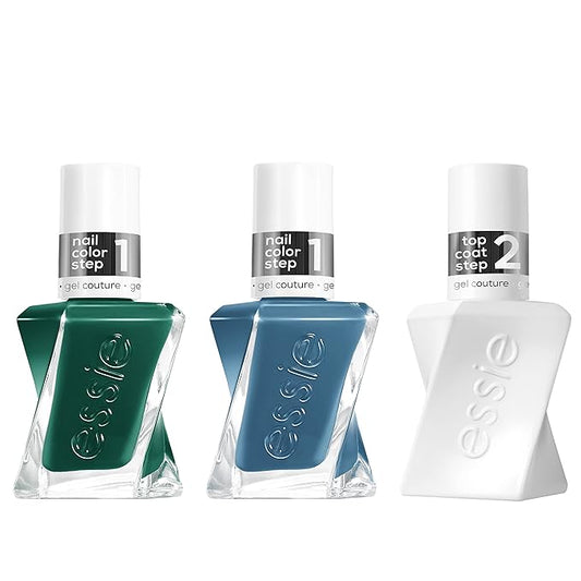 Essie Nail Polish Set, Daisy Jones & The Six Inspired, Longwear Gel-like Nail Polish, Cut Loose, Blue, + Invest In Style, Green + Gel-like Shiny Top Coat