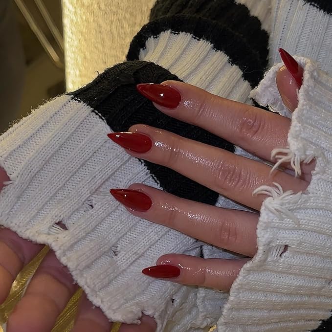 48pcs Wine Red Press-on Nails - Medium Length Almond Shaped, Stiletto False Nails for Women, Thick Natural Acrylic Gel Nails