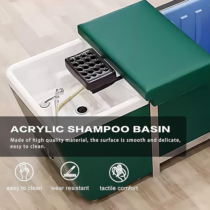 HHEvergreenEnsem Massage Shampoo Bed with Sink & Head Spa Equipment, No Plumbing Head SPA Bed Includes 24 gal Large Water Tank, Storage Space (with Stool, Green)
