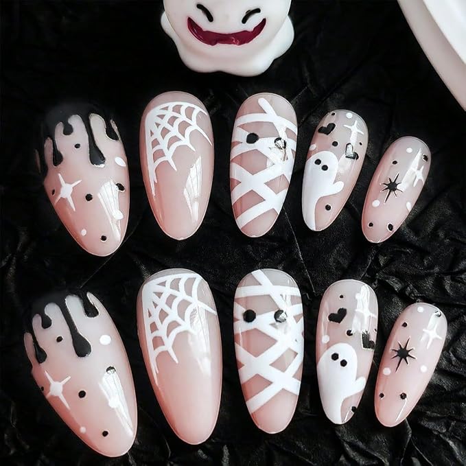 24Pcs Halloween Press on Nails Medium Almond Fake Nails with White Spider Web Mummy Heart Design Cute Ghost False Nails Nude Full Cover Artificial Glue on Nails Black Blood Stick on Nail for Women