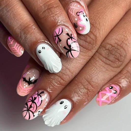 24Pcs Cute Ghost Press on Nails Short Pink French Tip Fake Nails Almond Shaped 3D Spooky with Pumpkin Bat Spider Web Mummy Design Full Cover Cute Halloween False Nails for Women Acrylic Manicure Tips