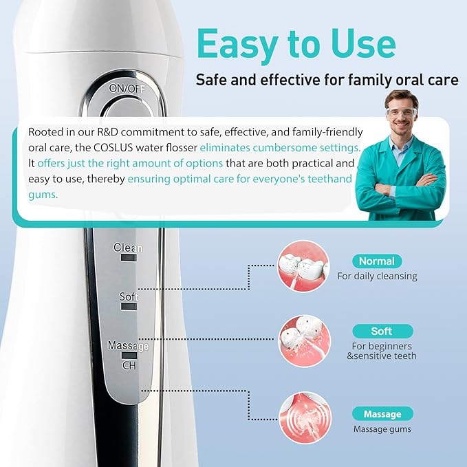 COSLUS Water Dental Flosser Teeth Pick: Portable Cordless Oral Irrigator 300ML Rechargeable Travel Irrigation Cleaner IPX7 Waterproof Electric Flossing Machine for Teeth Cleaning C20(F5020E) White