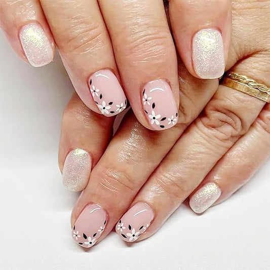 24Pcs Spring Square Press on Nails Short French Tip Fake Nails Small Flower Glue on Nails Glitter Full Cover Acrylic Nails Pink False Nails Cute Stick on Artificial Nails for Women Daily Manicure