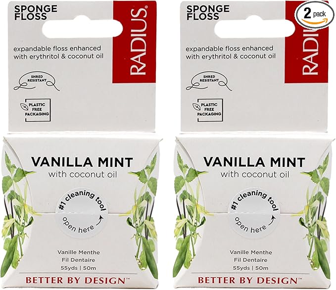 RADIUS Dental Floss, Sponge Floss, Vanilla Mint, 55 Yards, Vegan & Non-Toxic Oral Care Designed to Help Fight Plaque, Pack of 2