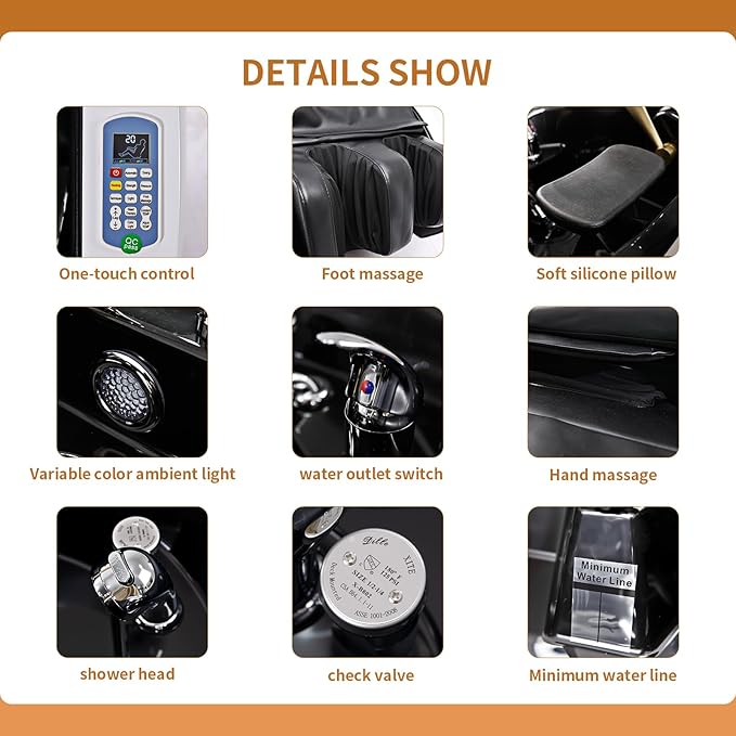 TATARTIST Shampoo Bed Head Spa Bed Full Body Electric Massage Table Armrest Leg Airbag Automatic Massage Head Spa Equipment with Fumigation Function and 78 outlets Water Circulator (Grey)