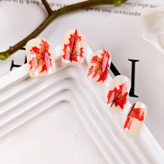 24Pcs Fall Leaves Stick on Fingernails Sparkly Maple Leaf Press on Nails Thanksgiving Medium Square False Nails Glossy Gold Glitter Acrylic Fake Nail Autumn Gel Glue on Nail for Coquette Women Girls