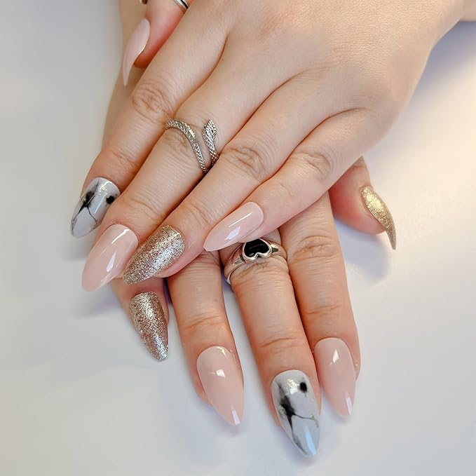 Medium Almond Press on Nails Silver Fake Nails White Leopard Print Designs Acrylic Glue on Nails Full Cover Pink Glossy Artificial Stick on Nails for Women 24 Pcs