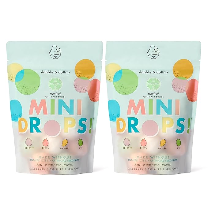 Dabble & Dollop Mini Bath Bombs, 100% Natural Droplets for Kids, Tropical Scents - Resealable Pouches, Fizzy, Moisturizing & Fun, Vegan, Gluten-Free, Cruelty-Free (Set of 24)