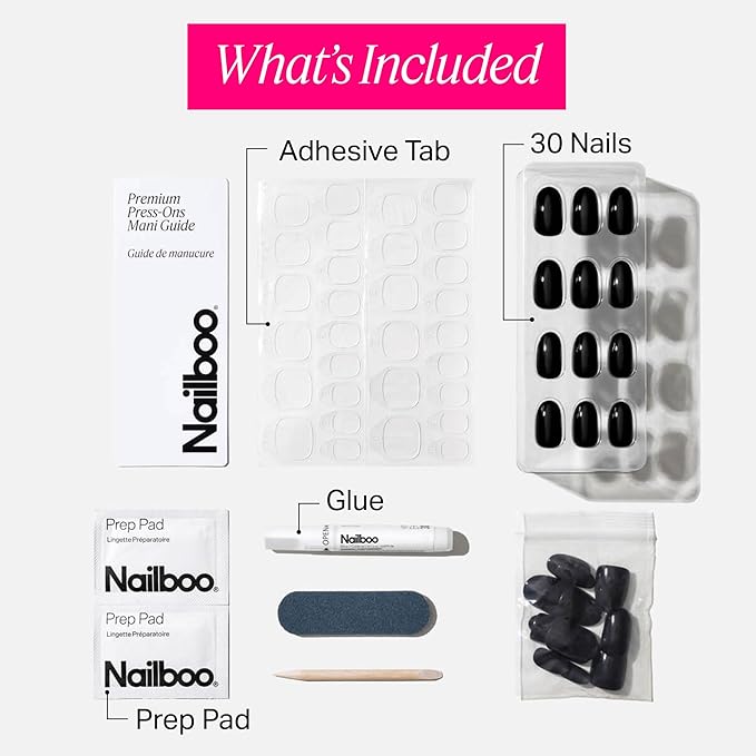 Nailboo Press On Nails, Salon-Quality Reusable Fake Nails for Fast DIY Manicure with Strong Hold Nail Glue for Press Ons, Nail File, & Alcohol Prep Pads, Dark Dreams, Round