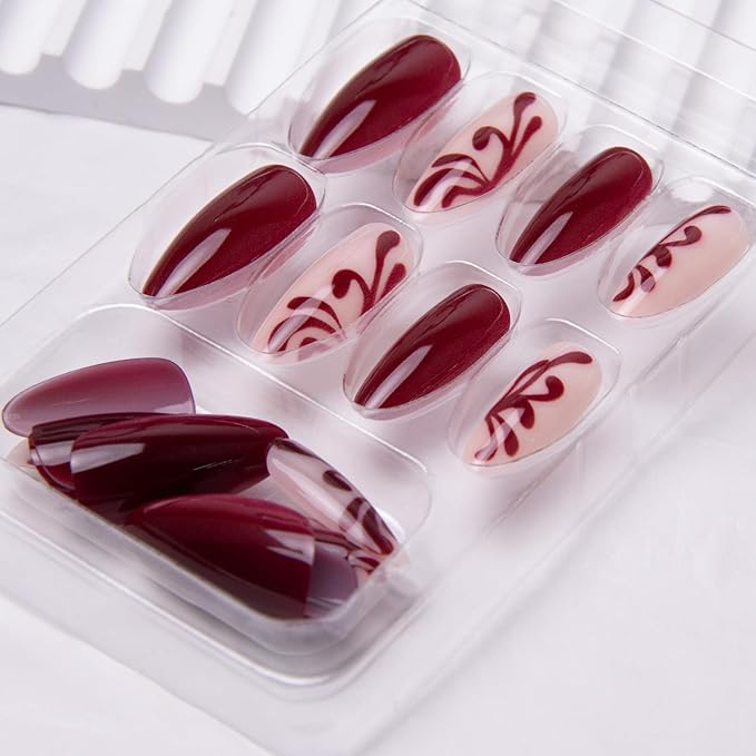 Press on Nails Medium Almond Fake Nails Red Lace False Nails Glossy Acrylic Nails Wine Red Artificial Nails Full Cover Glue on Nails for Women Girls Manicure Nails Decoration 24Pcs