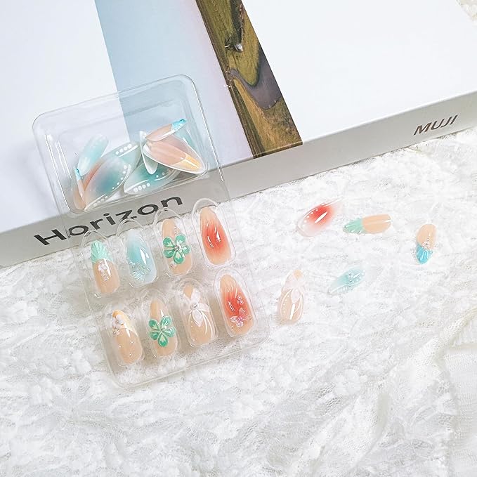 24Pcs Summer Press on Nails Medium Almond Fake Nails with Butterfly Pearl Designs 3D Starfish Stick on Nail Beach Waves False Nail Cute Flower Acrylic Nail Blue French Tip Glue on Nails for Women