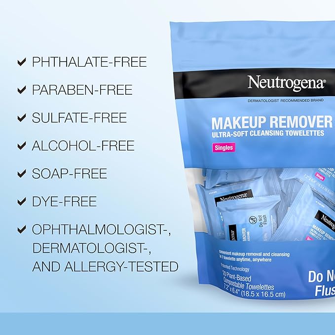 Neutrogena Makeup Remover Wipes Singles, Individually Wrapped, Daily Facial Cleanser Towelettes, Gently Removes Oil & Makeup, Alcohol-Free, 20 ct
