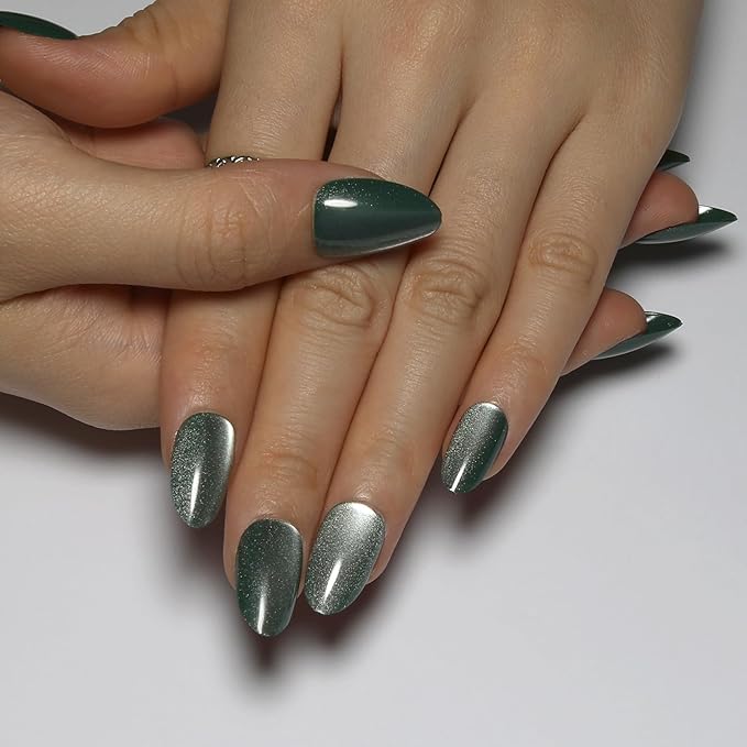 Almond Press On Nails Short, Green Cat Eye Press on Nails with Glue for Women Ashionable Gel False Nails Reusable Acrylic False Nails Women's Glitter Nails Glue On Nails Kit, Avocado Green
