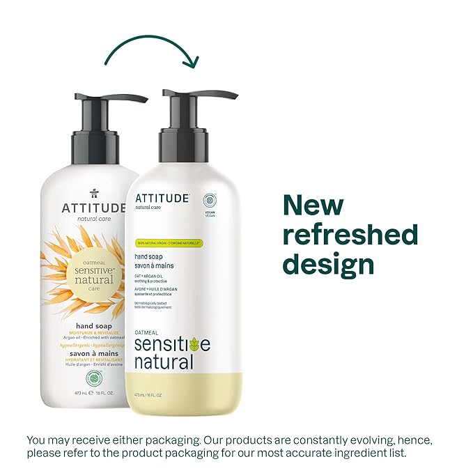 ATTITUDE Moisturizing Hand Soap for Sensitive Skin Enriched with Oat and Argan Oil, EWG Verified, Plant and Mineral-Based Ingredients, Vegan & Cruelty-free, 16 Fl Oz