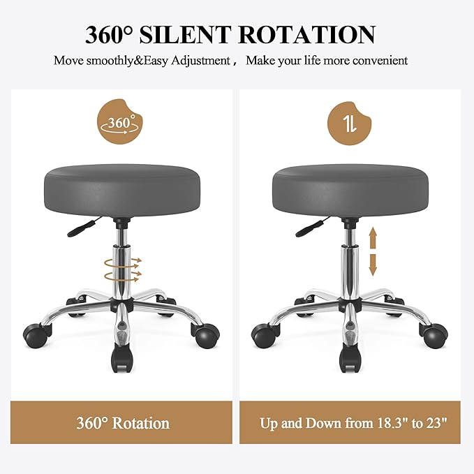 SHA CERLIN Rolling Stool with Wheels Swivel Shop Salon Chair Adjustable Drafting Massage Medical Tattoo Spa with PU Leather Cushioned, Grey