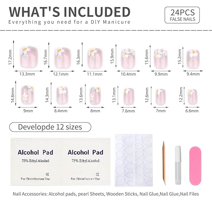 Nude Pink Press On Nails Square Short, Daisy Flower Fake Nails with White Floral Design, Natural Glossy Finish Reusable Acrylic Nails, Glue On Nail Kit for Women, 24Pcs