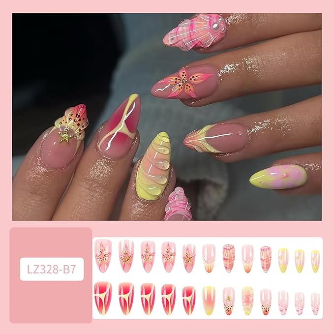 24Pcs Flower Press on Nails Medium Almond Summer Fake Nails with French Tip Nails Design Gold Starfish Pearl Nails Spring False Nails Full Cover Artificial Glue on Nails Cute Stick on Nails for Women
