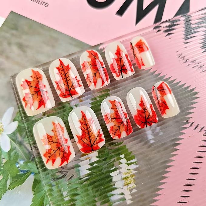 Fall Press on Nails Medium Square Fake Nails with Glitter Maple Leaves Design Milky White Glossy Acrylic False Nails Autumn Leaf Stick on Nail Reusable Gel Glue on Nail for Women 24Pcs