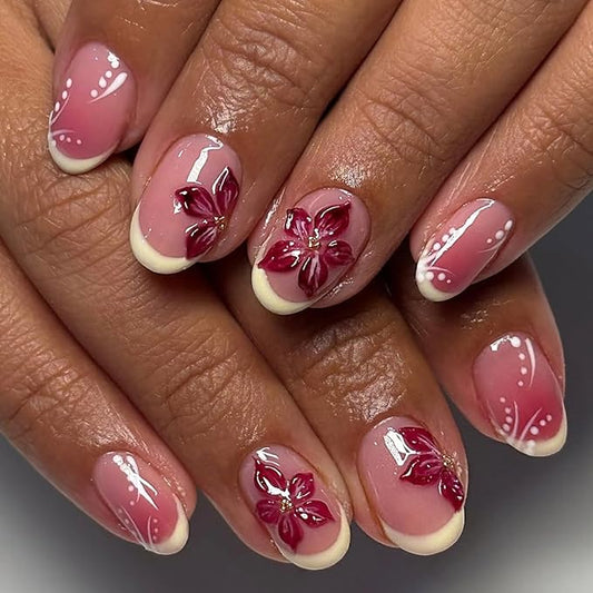 Short Almond Press on Nails French Tip Fake Nails with Wine Red Floral Hand Painted Design Stick on Nail for Women 24pcs