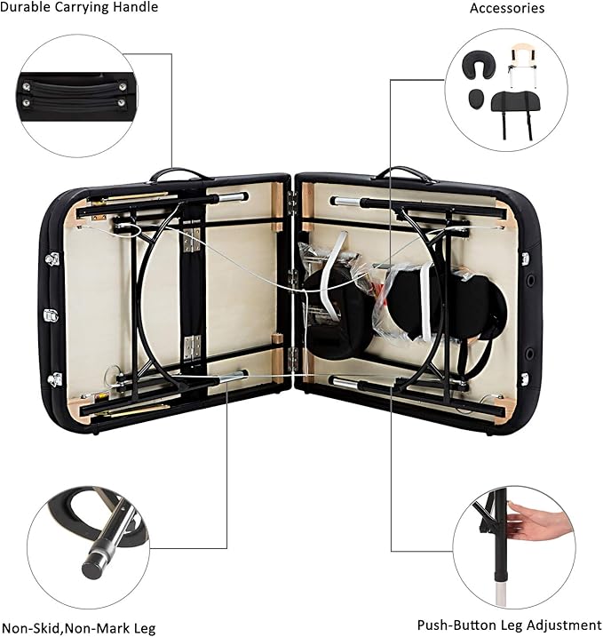 Artechworks 28" Width 3 Folding Portable Lightweight Massage Table Facial Salon Spa Tattoo Bed with Aluminium Leg for Home Office Living Room, Black