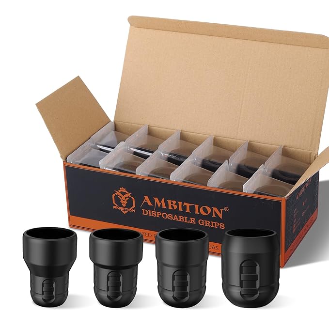 Ambition Soldier 42MM Disposable Tattoo Grips - 12Pcs Professional Tattoo Rubber Grip Cover with Click Adjust System Supply for Rotary Soldier, Zetton, Torped & Shura Tattoo Pen Machine Gun