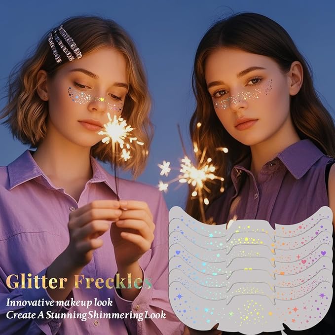 24pcs Glitter Freckles Makeup Patches-Holographic-Face Glitter Speckles, Sparkle Speckles Patches for Women, Cute Sparkling Fake Freckles, Glitter Freckles Face Tattoo, Musical Festival Accessories