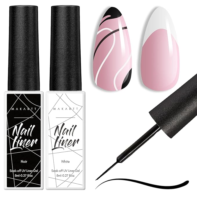 Makartt Gel Nail Polish Liner Set 8ML 2 Colors White and Black for French Nail Art French Tips Swirls DIY Manicure Soak Off UV Curing with Thin Brush