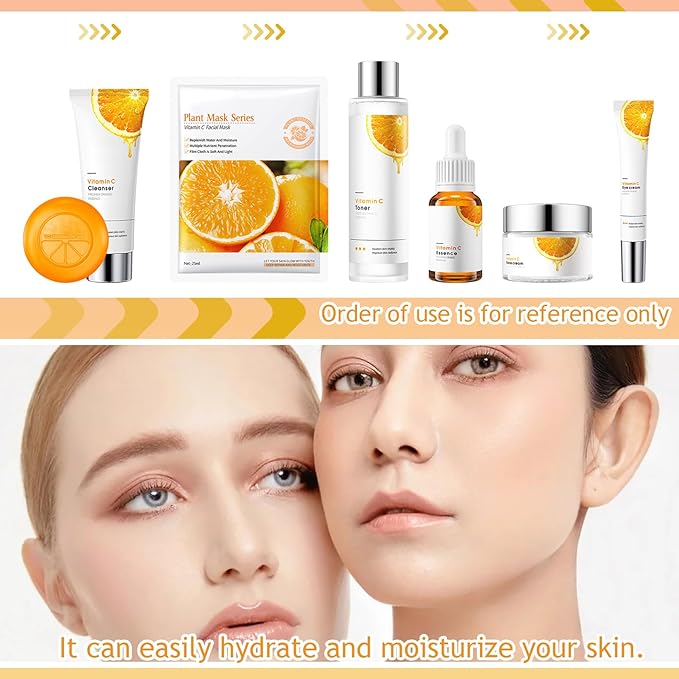 Vitamin C Skin Care Set,Facial Kit with Facial Cleanser,Toner,Eye Cream,Face Serum,,Soap,Face Cream & 3PCS Mask,Travel Skincare Kit for Women (9PCS)