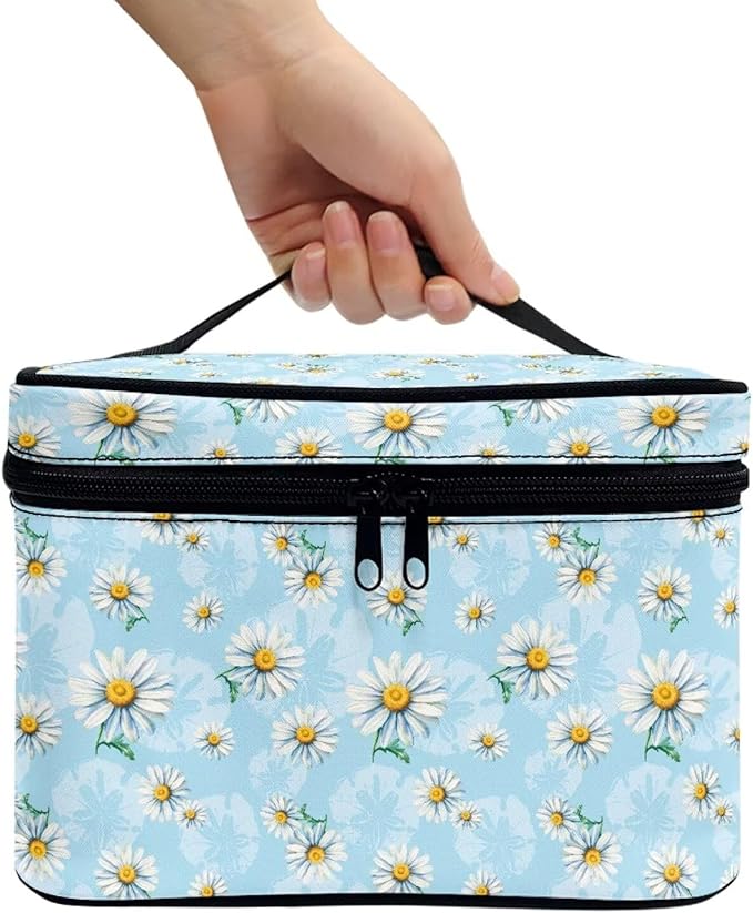 Daisy Flowers Blue Pattern Travel Makeup Bags for Women Portable Tote Cosmetic Case with Carry Handle Toiletry Accessories Storage Organizer Bags