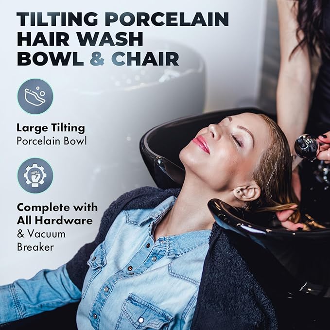 Buy-Rite Shelby Shampoo Backwash Station - Professional Salon Backwash Unit w/Deep Tilting Porcelain Sink, Wide Reclining Chair, Dual-Function Nozzle, Vacuum Breaker - Black, YLG-556-BLK