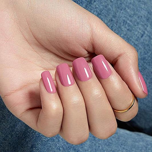 Modelones Petal Pink Press on Nails, Christmas Short Square Fake Nails, Reusable Nail Kit with Nail Glue Adhesive Tabs Mini Nail File, Nails Press Ons 32Pcs 16 Sizes, Women Girl Gift