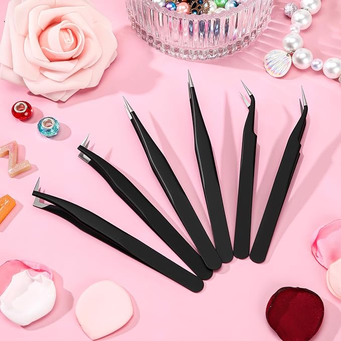 High Precision Lash Tweezers Set 6 Pack Stainless Steel Eyelash Extension Tweezers for Classic, Volume, Mega Volume Lashes, Facial Hair, Eyebrow, Hair Removal, Crafting Making(Black)