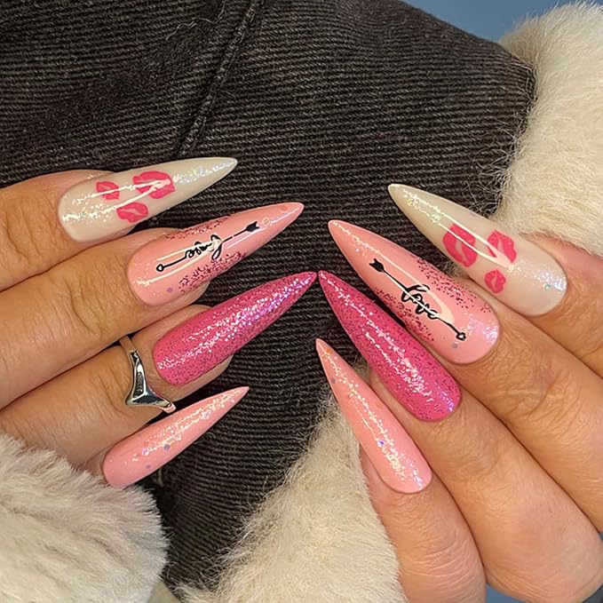 Yivaiks Pink Stiletto Press on Nails Extra Long Fake Nails With Designs Valentines Day Full Cover Artificial Nail Sharp Pointed Glue on Nails Acrylic Stick on False Nail Tips for Women