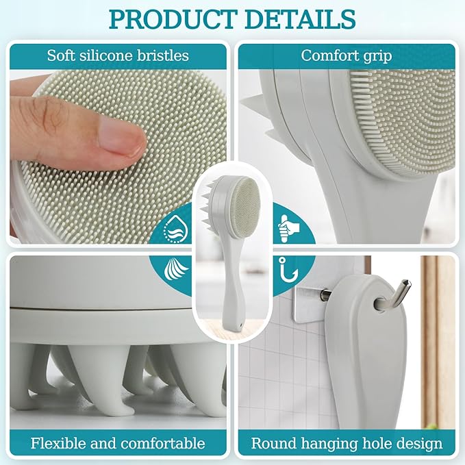 2 Pack Silicone Facial Cleasing Brush and Hair Scalp Massager Shampoo Brush 2 in 1 Double Sided Face Scrubber Scalp Scrubber Manual Exfoliating Light Gray