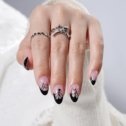 Halloween Press on Nails - Glossy Black French Tip Press on Nail, Short Almond Fake Nails Reusable Nails Press ons for Women, 32 Pieces in 16 Sizes False Nails Kit with Glue, Dark Veil