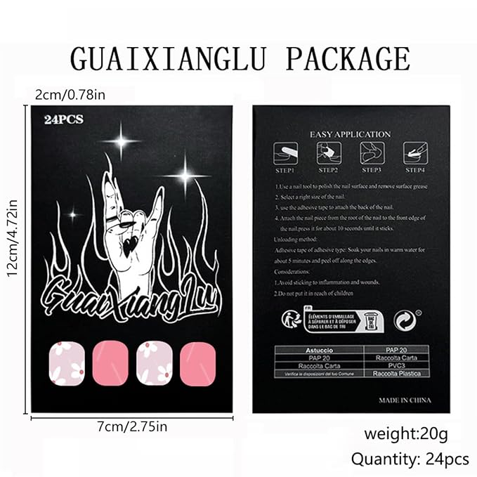 Flower Press on Nails Short Square Fake Nails Pink False Nails White Daisy Floral Glossy Full Cover Acrylic Nails Spring Summer Glue on Nails Cute Artificial Stick on Nails for Women Manicure 24 Pcs