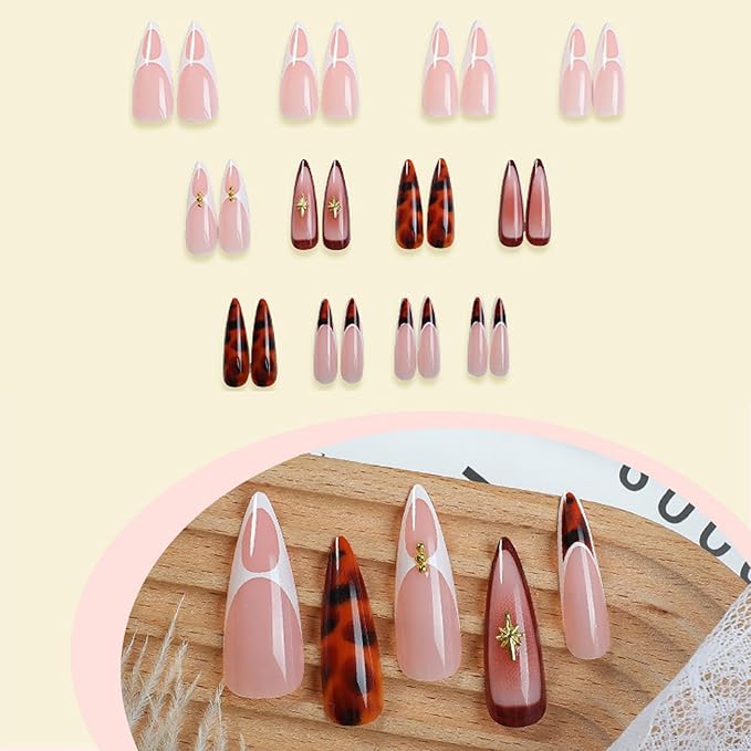 IMRAIN Press on Nails Long Stiletto Fake Nails Brown Amber French Nail Tips Full Cover Glossy Acrylic Fall False Nails for Women 24Pcs