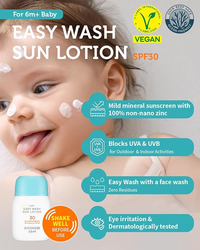 Baby Easy Wash Sun Lotion SPF 30 - Korean Moisturizing Zinc Oxide Mineral Sunscreen for Babies and Kids - Washes Off Easily - Vegan, Reef-Safe, Allergen-Free, 2.11 fl.oz.