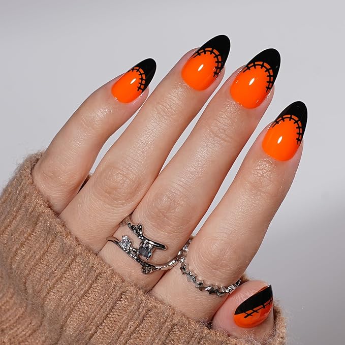 French Tip Press on Nails, Short Press on Nails Almond Reusable Glossy Soft Gel False Nails Orange Press ons for Women, 16 Sizes 32 Count Nails Kit with Glue (SV-09)