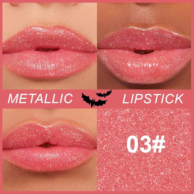 Kaely Glitter Metallic Lipstick, Shimmer Metallic Lipsticks for Women, High Pigmented Lip Gloss Long Lasting Waterproof Smudge Proof 24 Hour, Halloween Makeup, Vegan & Cruelty-Free, 03