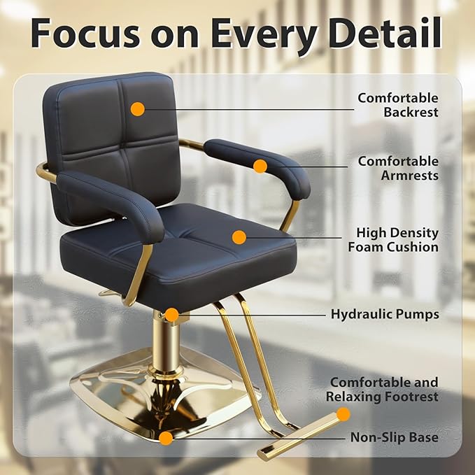 Stylist Chairs for Salon, 360 Degree Rotating Barber Chair Hydraulic Pump Salon Chair, Spa Beauty Equipment for Hair Stylists, Tattoo Artists, Cosmetologists (Gold)