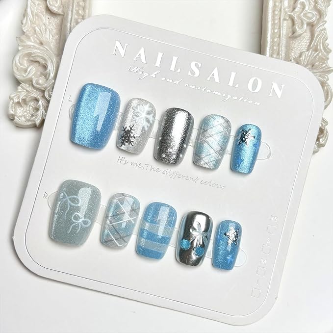 Blue Snowflake Press on Nails Short Fake Nails Square Glitter False Nail with Bow Cherry Checkered Designs Silver Acrylic Artificial Nails Full Cover Winter Snowflake Glue on Nails for Women, 30Pcs