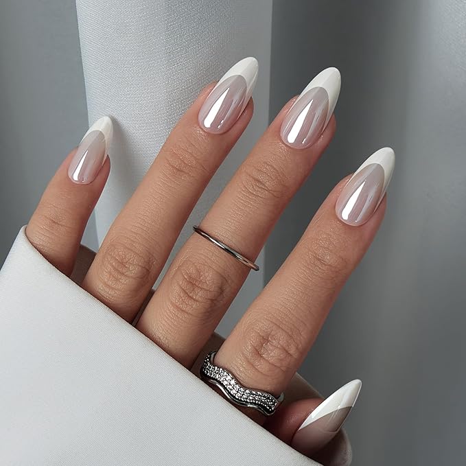 BTArtbox Press On Nails Almond - White French Tip Soft Gel Nails, Chrome Glue On Nails for Gifts, Natural Reusable Glazed Stick On Nails in 15 Sizes - 30 Fake Nails Kit, White Swan