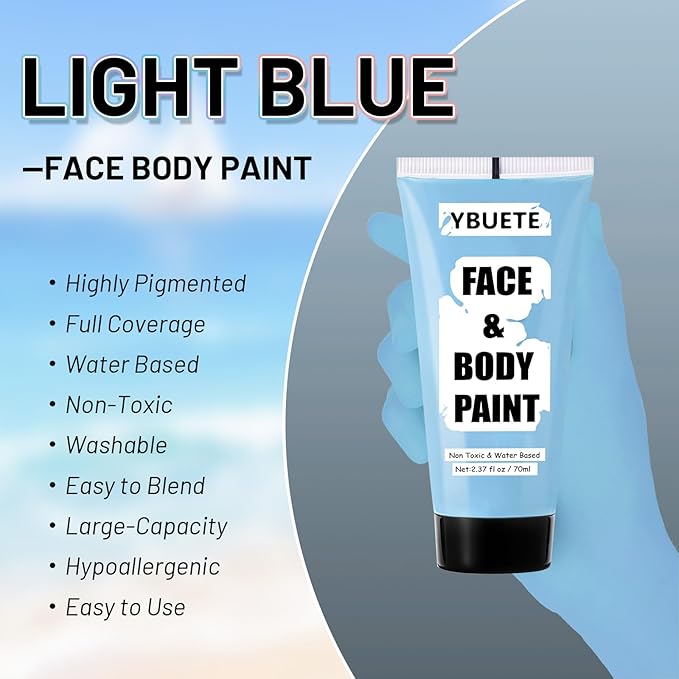 Light Blue Water Based Face Body Paint, 2.37 OZ Large Tube Full Coverage Face Paint for Corpse Bride Avatar Mermaid Cosplay Makeup,Washable Blue Body Painting for Adult Halloween SFX Makeup