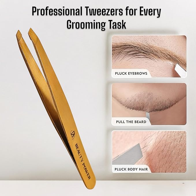 Slant Tip Precision Tweezers - Stainless Steel Eyebrow Tweezers for Women & Men - Precision Tweezers for Facial Hair, Ingrown Hair & Brow Shaping - Professional Beauty Tool (Matte Gold)