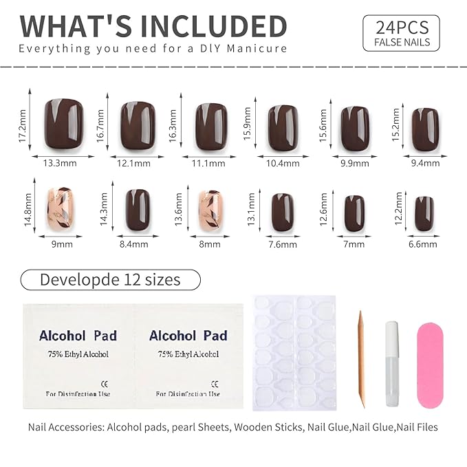 Dark Brown Press on Nails Short Square Fake Nails with Golden Leaf Accents Glitter Designs, Glossy Gel Finish Acrylic Short Fake Nails, Thick Natural Glue on Nails Kit for Women, 30Pcs