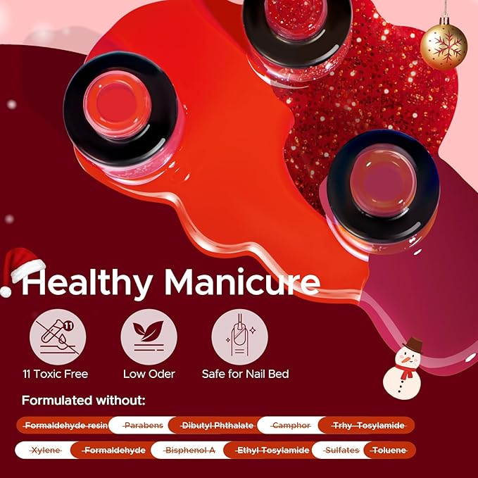 MEFA 6 Colors Red Gel Nail Polish Set, Fall Winter Christmas Glitter Shades Sparkle Silver Champagne Love Times Tones Salon Decorations Nail Art Design at Home Manicure DIY Kit Gifts for Women Girl