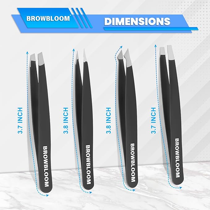 4Piece Set of Professional Tweezers for Women Facial Hair, Black Stainless Steel Precision Tweezer for Ingrown Hair, Eyebrow Tweezers for Men Comes in Carrying Pouch (Black Set)