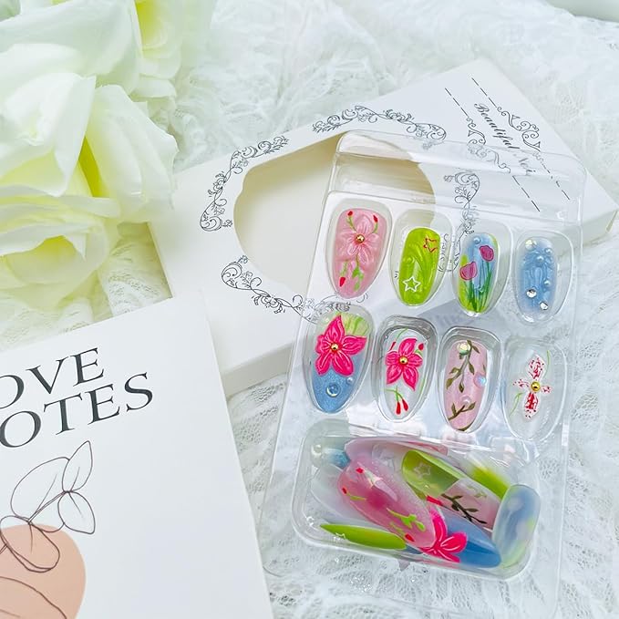 30Pcs 3D Handmade Press on Nails Medium Almond Fake Nails with Flower Pearl Rhinestones Designs Summer Glue on Nails Cute Acrylic Nails Press ons False Nails Colorful Floral Stick on Nails for Women
