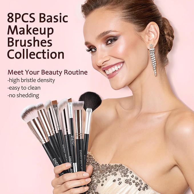 ENERGY Makeup Brush Set - 8PCS Professional Makeup Brushes for Foundation, Concealer, Eyeshadow, Blending, Contour, Powder, Eyeliner, Vegan Synthetic Fiber, Portable Travel Kit with Case (Black)